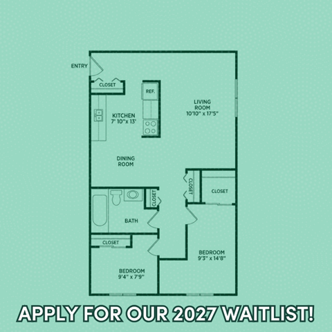 Floor plan for 2 beds, 1 bath, 700 sqft